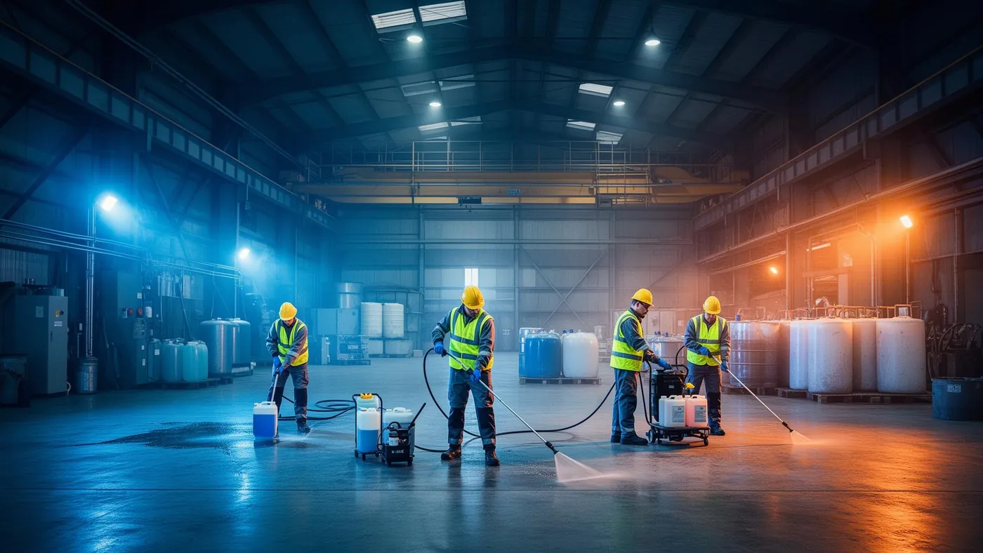 Crew pressure-washing an industrial warehouse floor